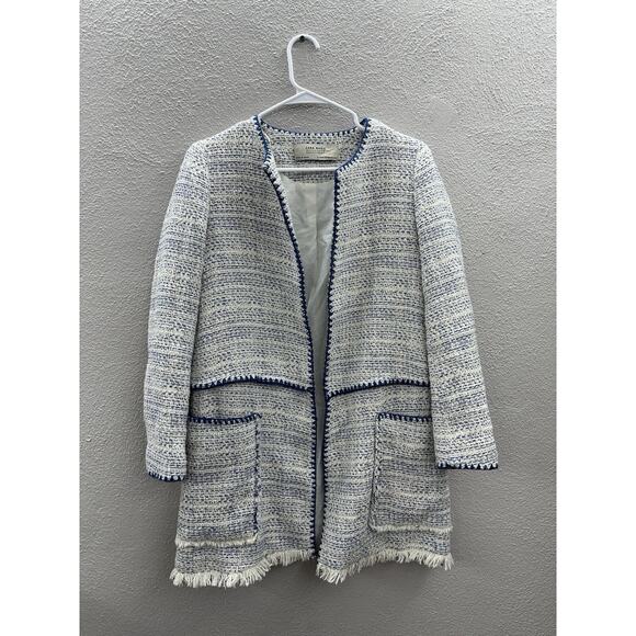 Zara Basic Outerwear Womens Coat Size XS White Blue Tweed Open Front Lined - Picture 1 of 11